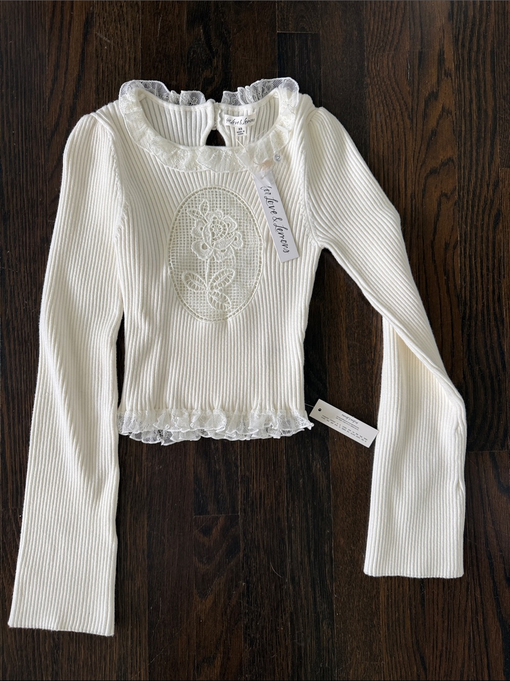 For Love And Lemons Ivory Ribbed Lace-Trim Long Sleeve Top